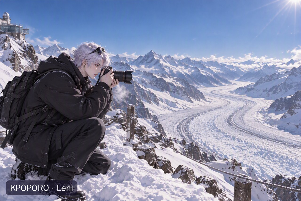 Leni facing the Aletsch Glacier