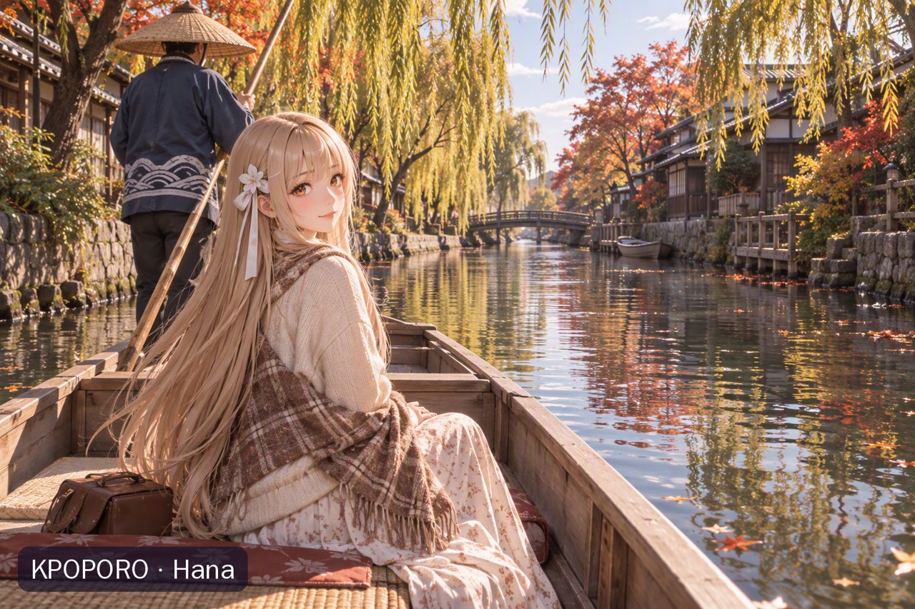 Hana on a canal boat in Yanagawa