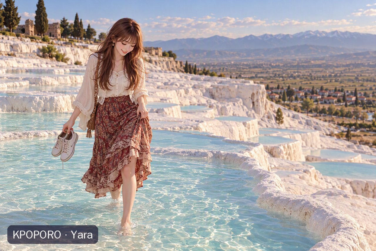 Yara walking the Pamukkale travertines