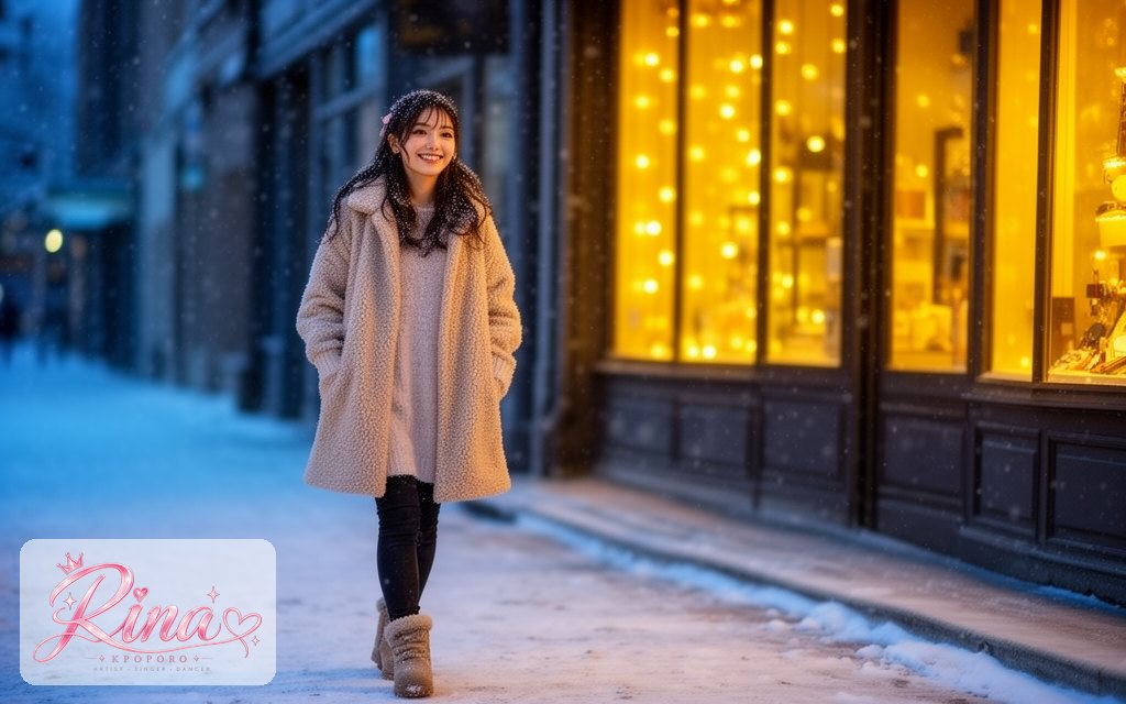 Rina, a POPORO CITY character, walking along a snowy city sidewalk at dusk