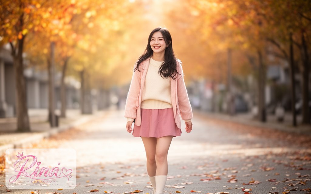 Rina, a POPORO CITY character, walking along a sunny autumn street in a soft rose and cream outfit