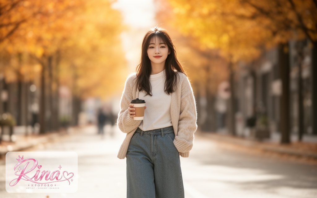 Rina, a POPORO CITY character, walking along a sunny city street on an autumn morning with a coffee cup