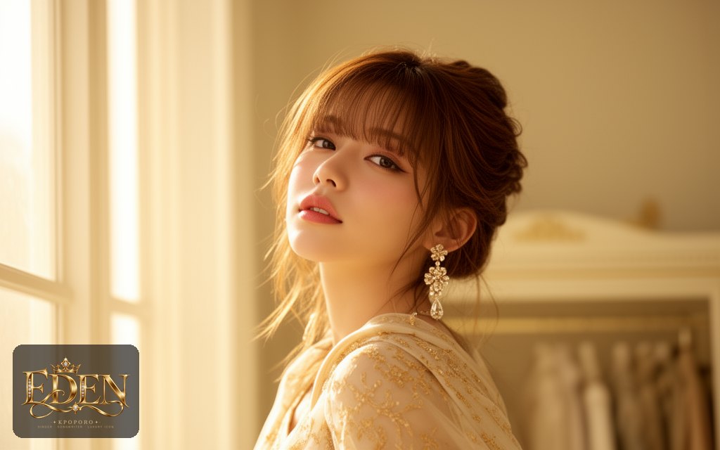 Eden, a POPORO CITY character, standing by a tall window in a bright dressing room in soft late-afternoon light