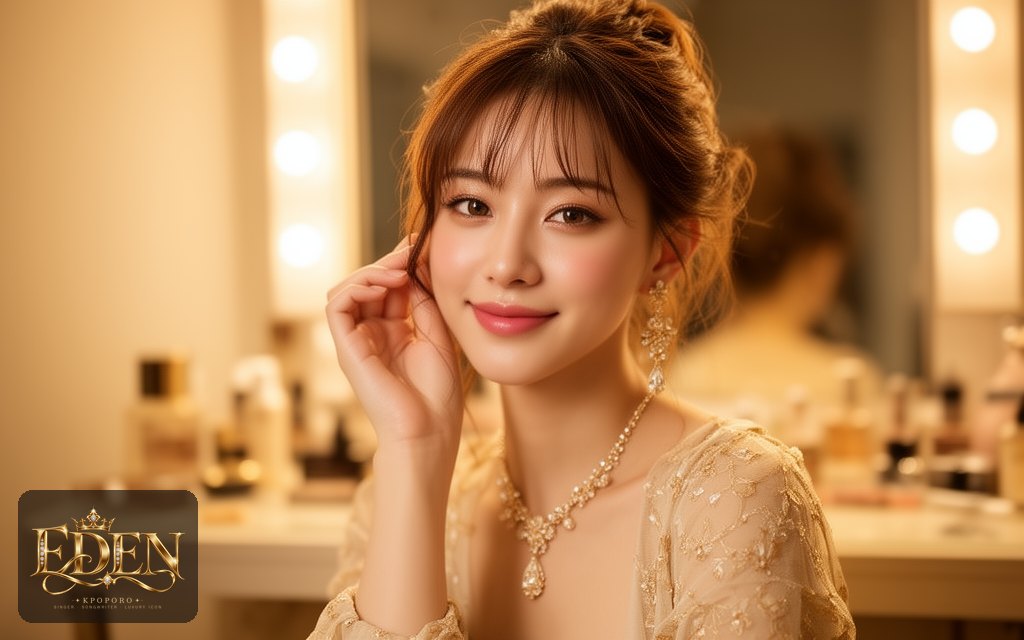 Eden, a POPORO CITY character, getting ready at a warmly lit backstage vanity mirror before an evening concert