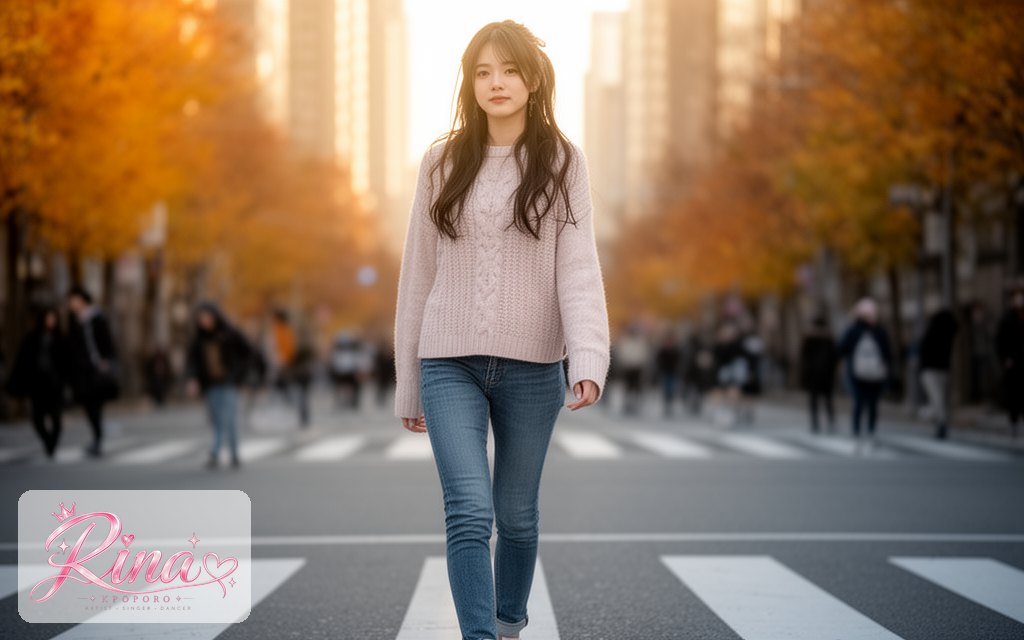 Rina, a POPORO CITY character, crossing a city street on a crisp autumn morning