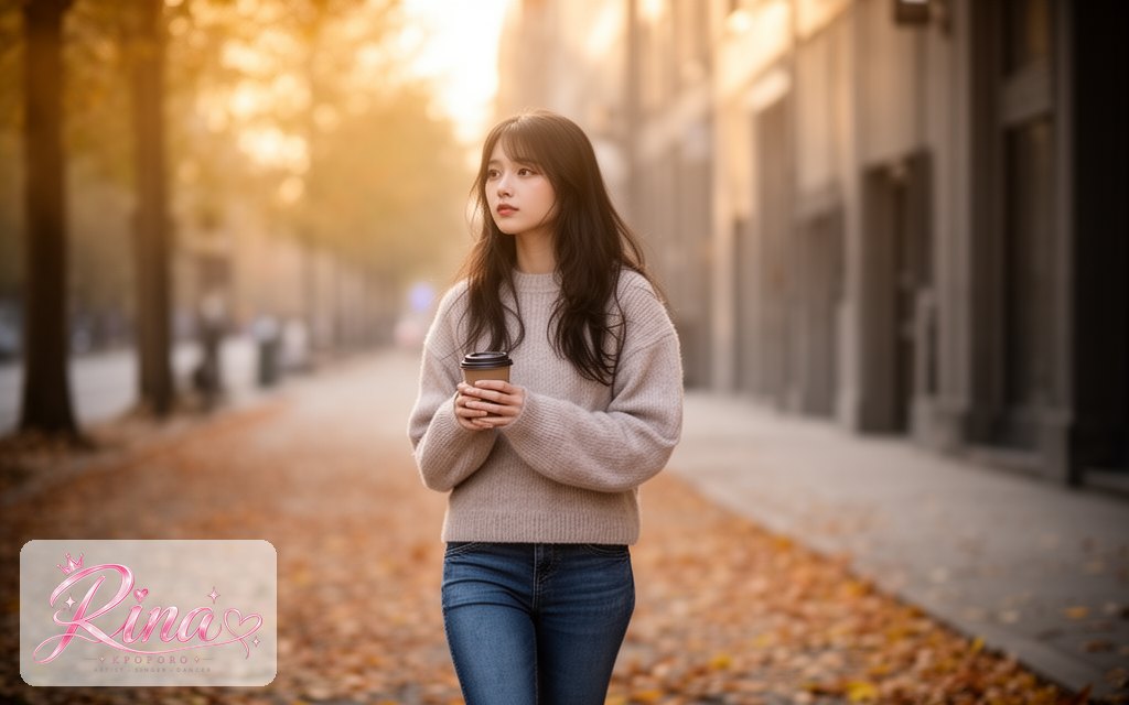 Rina, a POPORO CITY character, walking down a quiet autumn street with a takeaway coffee in soft morning light