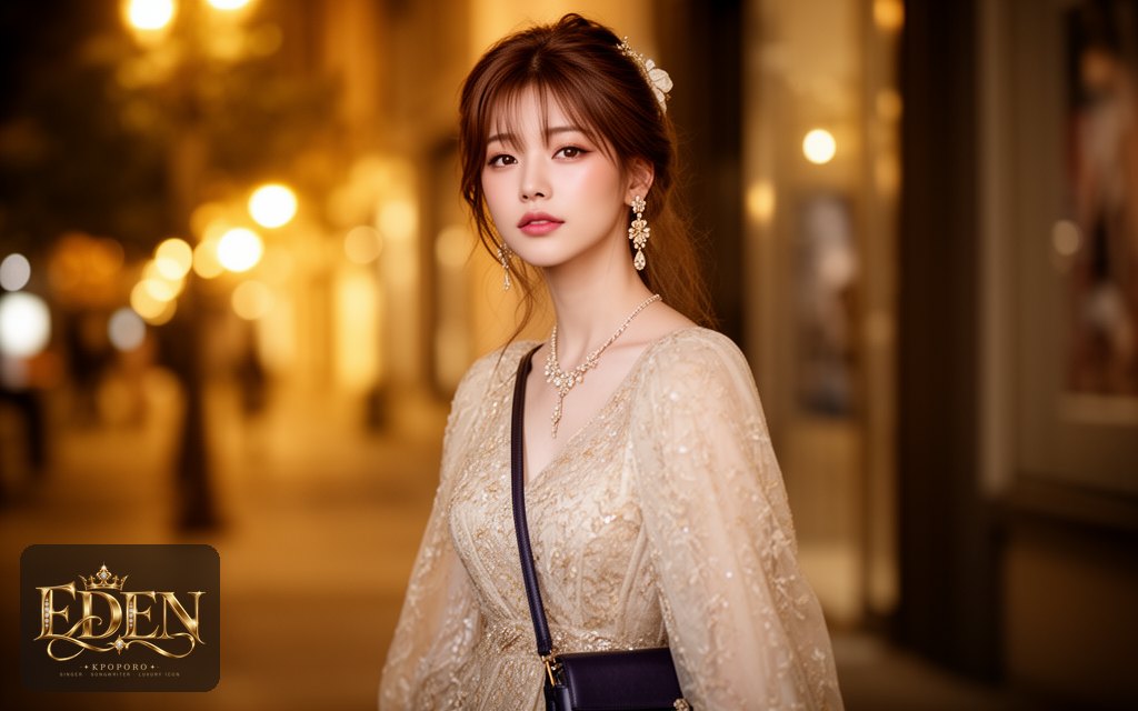 Eden, a POPORO CITY character, stepping out of an evening gallery opening under warm city lights