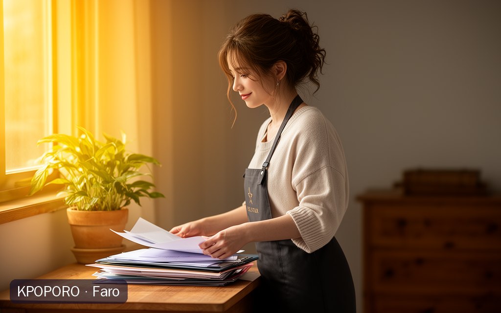 Faro, a POPORO CITY character, sorting paper folders in a tidy home office in warm afternoon light