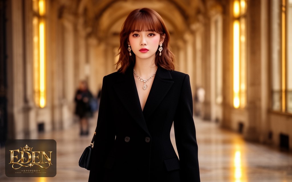 Eden, a POPORO CITY character, walking out of an elegant old arcade on an autumn afternoon