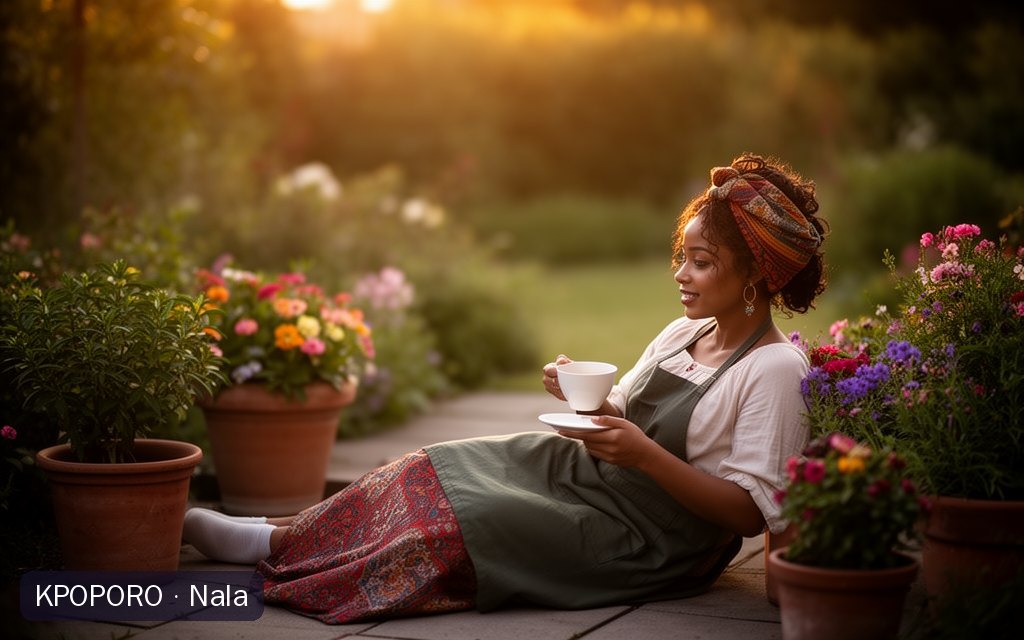 Nala, a POPORO CITY character, relaxing with a cup of tea on a flower-filled garden patio at golden hour