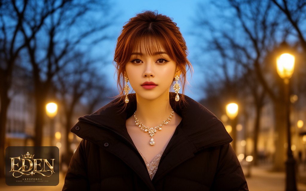 Eden, a POPORO CITY character, walking along a lamplit city boulevard on a crisp winter evening
