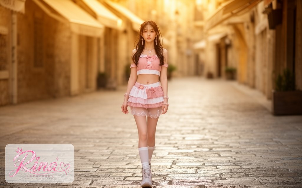 Rina, a POPORO CITY character, strolling along a sunlit stone-paved old town street on a summer afternoon
