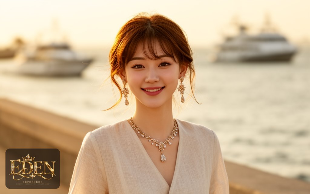 Eden, a POPORO CITY character, strolling along a sunny seaside promenade in golden afternoon light