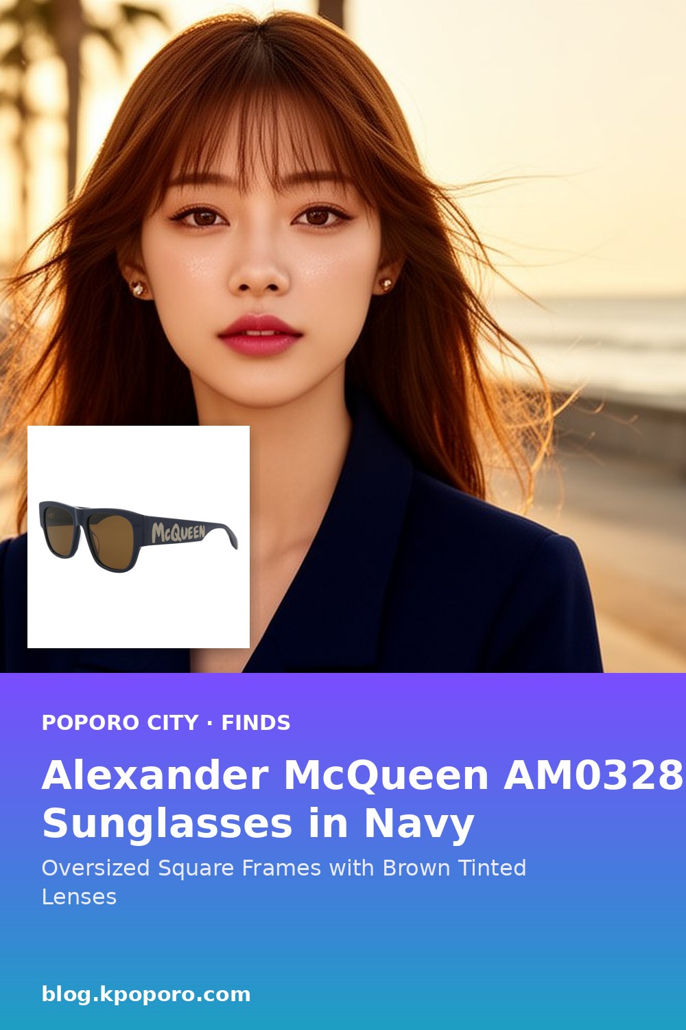 Alexander McQueen AM0328S Sunglasses in Navy: Oversized Square Frames with Brown Tinted Lenses — save to Pinterest