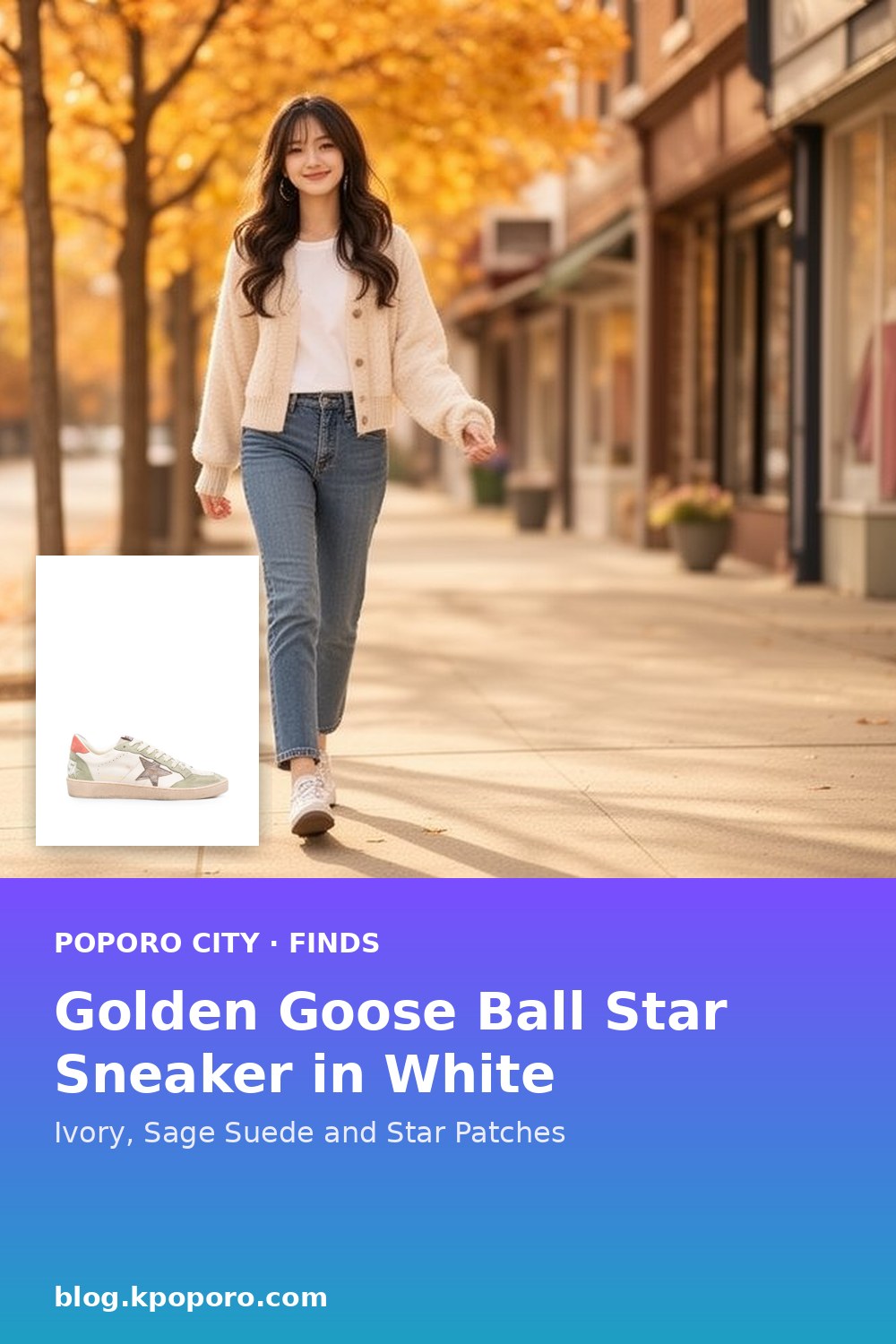 Golden Goose Ball Star Sneaker in White: Ivory, Sage Suede and Star Patches — save to Pinterest